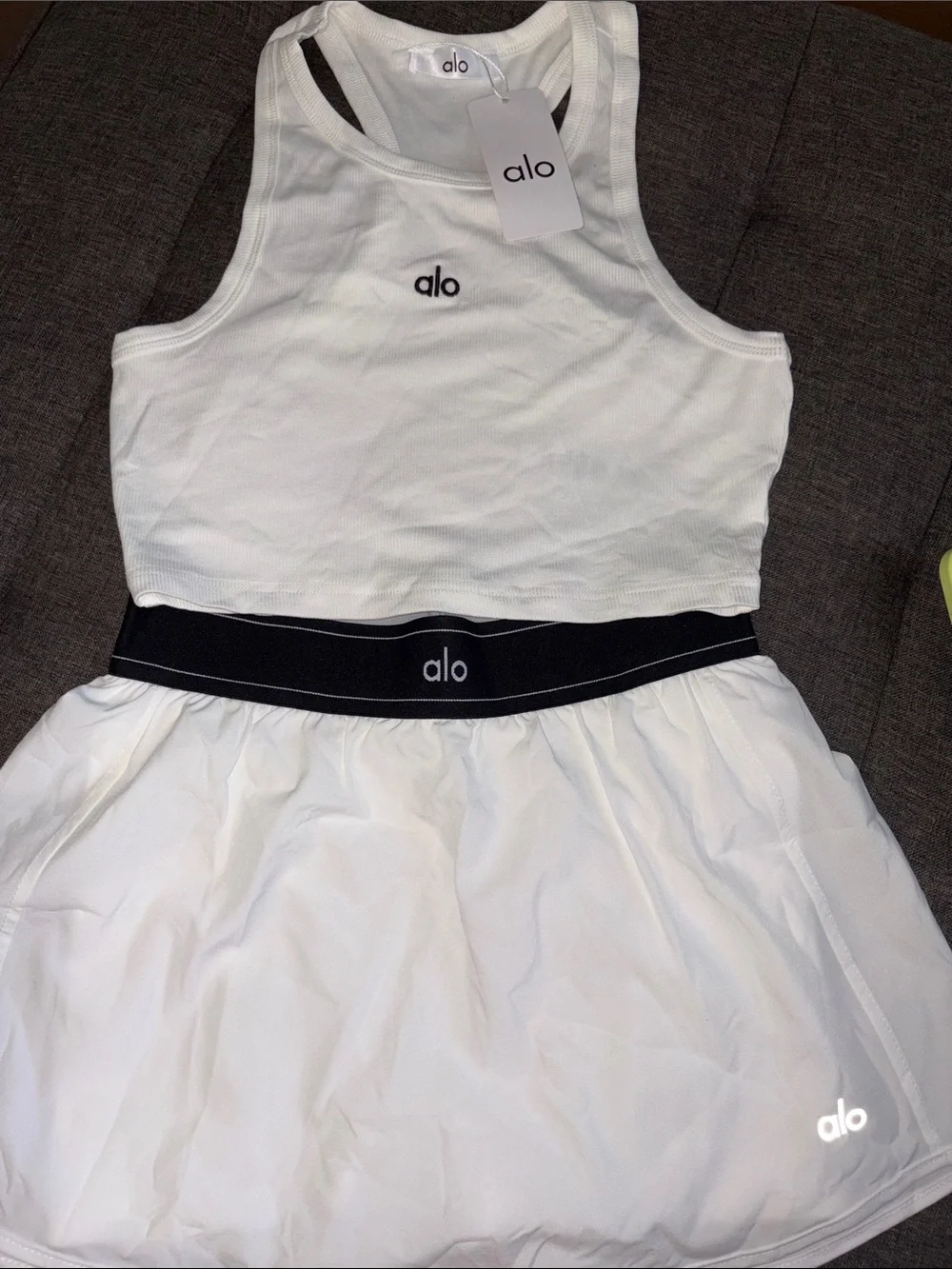 ALO Yoga White Athletic Skirt with Black Waistband